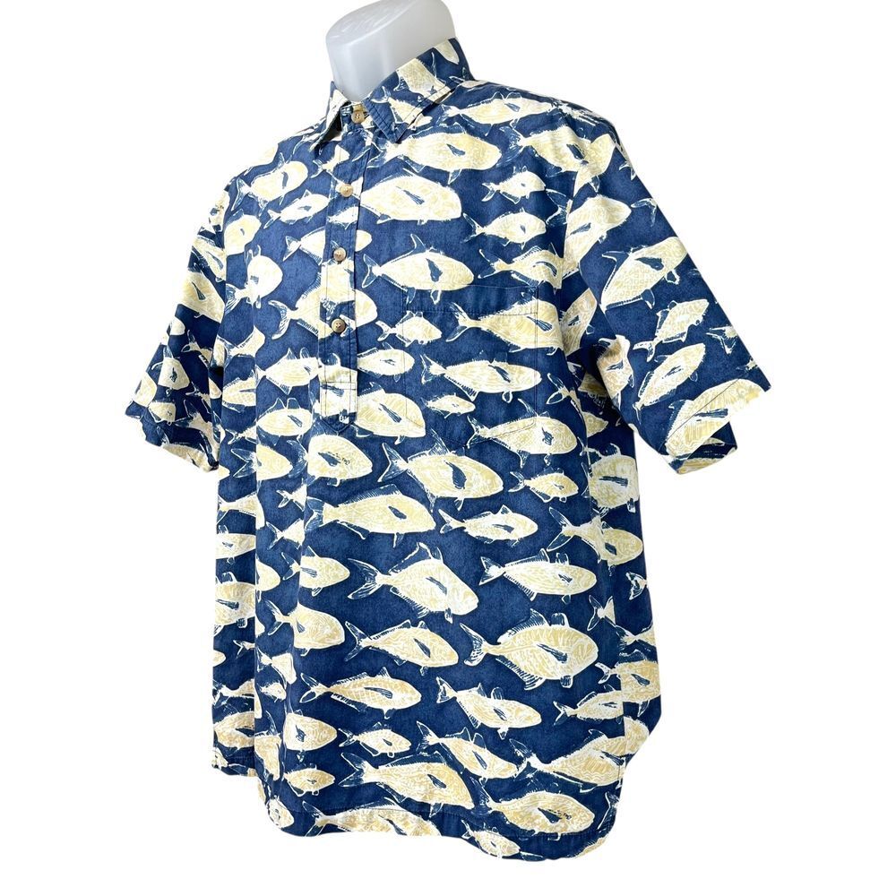 Kahala Men's Large Blue Fish Half Placket Henley Short Sleeve Hawaiian Shirt - Picture 3 of 8